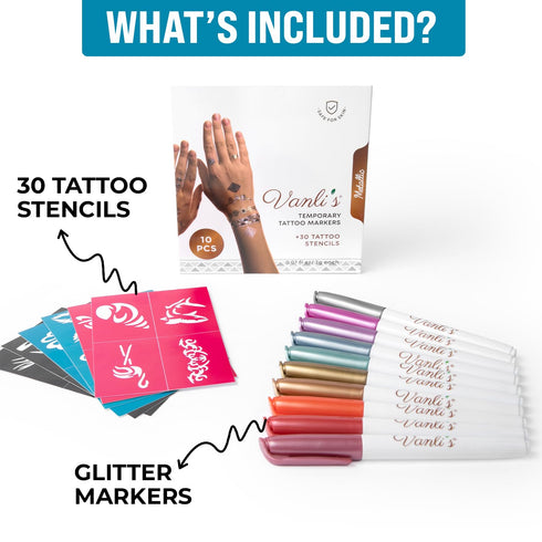 Vanli's Metallic 10 Temporary Tattoo Markers, Temporary Tattoo Pens with 30 Tattoo Stencils. Stocking Stuffers For Kids, Boys, Girls, Women....