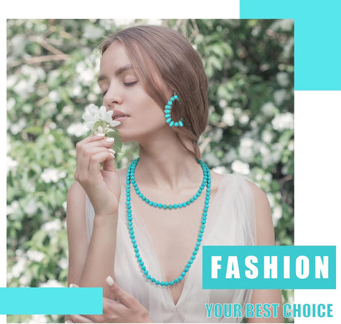 Bonuci Women Necklace Set Long Turquoise Beads Endless Vintage Jewelry Simulated Collar Western Necklace Cute Turquoise Jewelry Earring Accessorie...