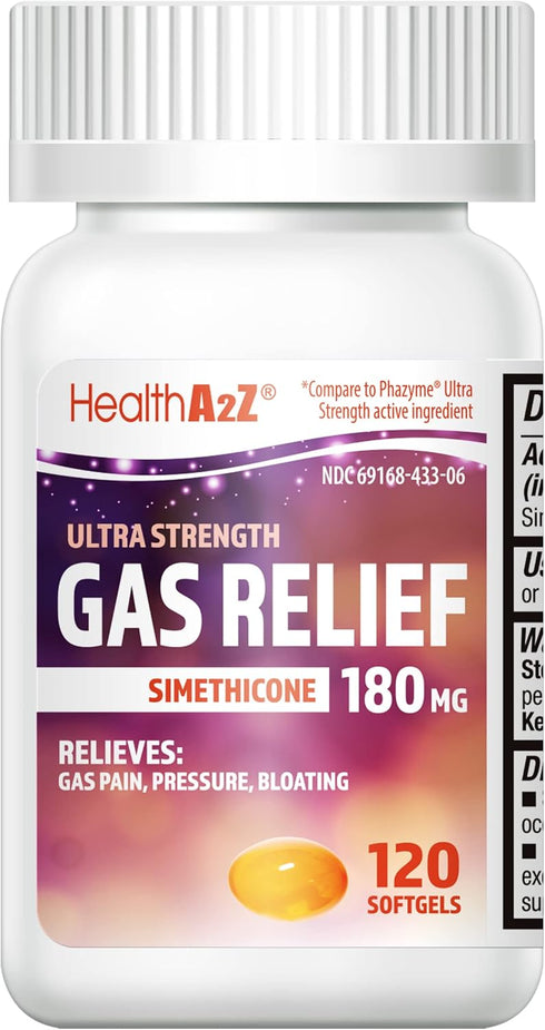 HealthA2Z® Gas Relief Simethicone 180mg | Ultra Strength | Relieves from Stomach Discomfort and Gas | Anti Flatulence | Relieves Gas Fast (120 Cou...