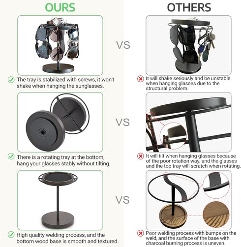 Mkono 360° Rotating Sunglasses Organizer Glasses Holder Stand Metal Frame with Wood Base and Tray Eyeglasses Storage Display Rack for up to 12 Pai...