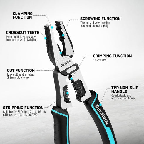 DURATECH 6-in-1 Linesman Pliers, 8.5" Multipurpose Combination Pliers with Wire Stripper/Crimper/Cutter Function, Heavy Duty Side-Cutting Pliers f...
