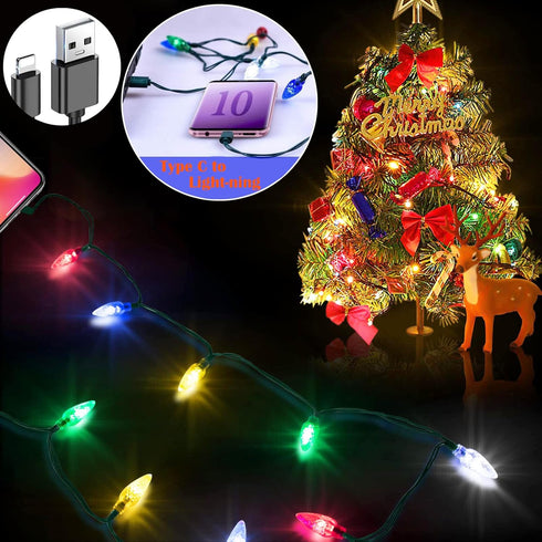 Christmas Light Phone Charging Cable Charger Cord USB-A to Light-ning 55"/10 LED Festive Bulb Cables Compatible with iPhone 5/6/7/8/13/14 Plus Pro...