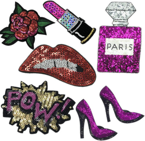 7 Pcs Purple Blue Embroidered Patches Lip/Lipstick Iron On Patch Sewing On Sequins DIY Clothes Applique Garment Motif Woman Girl Brand Patch (Purp...