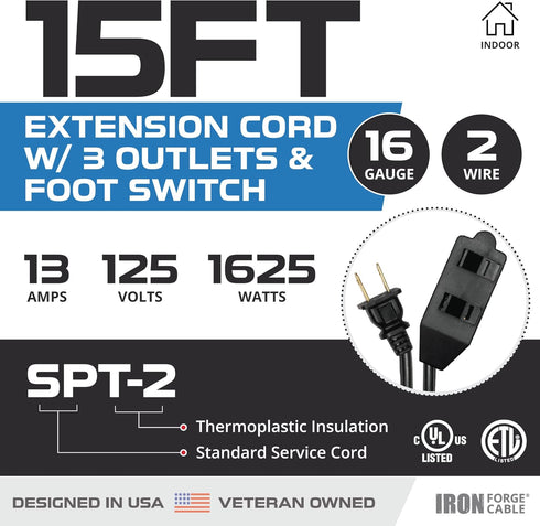Iron Forge Cable 3 Outlet Foot Switch Extension Cord 15 ft, 13 Amp Black Extension Cord with Foot Tap Switch, 16/2 Indoor Lamp Cord Great for Smal...