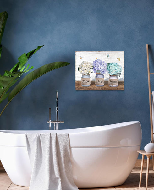 Hydrangea Wall Art Bedroom Decor: Relax Soak Unwind Wall Art Floral Paintings Aqua Flower Pictures Wall Decor Modern Farmhouse Style Butterfly Pri...