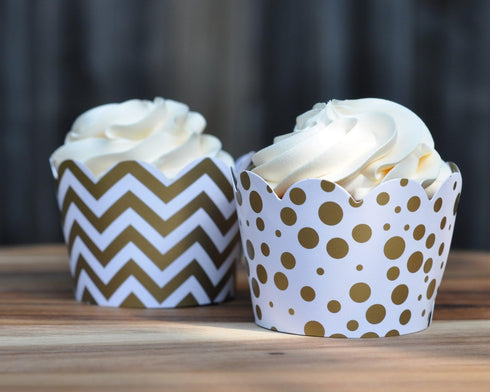 Gold and White Cupcake Wrappers for Weddings, Graduations, Kids and Adult Birthday Parties, Baby Showers. Set of 24 Reversible Cup Cake Holder Wra...