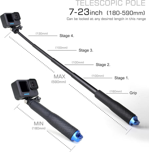7''-23''Waterproof Pole Selfie Stick Pocket Size Underwater Handle Grip Monopod Alumium for Gopro Hero Session Max Insta360 AKASO DJI OSMO Digital...
