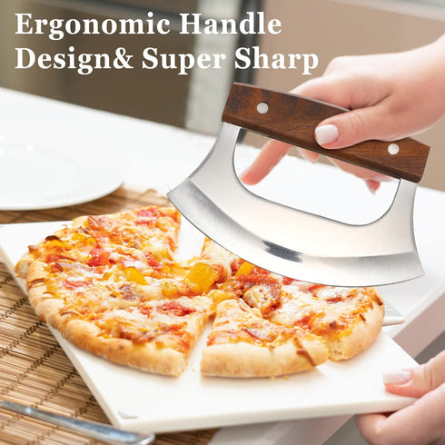 Hanaive 2 Set Pizza Cutter Mezzaluna Ulu Knife with Base Salad Veggies Chopper Slicer Cutter Mezzaluna Knife Cleaver Chopping Salad Chopper Stainl...