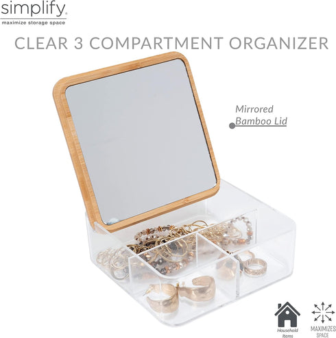 Simplify 3 Compartment Organizer with Bamboo Lid | Mirror | Perfect for Jewelry | Cosmetics | Accessories | Vanity & Countertop | Keepsake Storage...