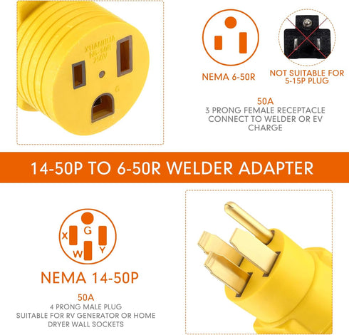 Welder Adapter, Compatible with NEMA 14-50P Male to 6-50R Female, 50 Amp 4 Prong to 3 Prong Welder Power Adapter, Generator Welder Dryer EV Charge...