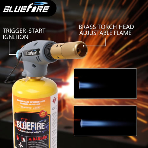 BLUEFIRE Handy Cyclone Torch Head Portable Brass Gas Torch Trigger Start Self-Ignition Nozzle Torch Fuel by MAPP MAP PRO Propane Gas Cylinder for ...