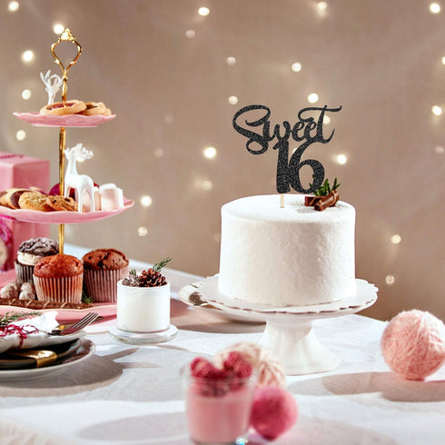 Black Glitter Sweet 16 Cake Topper - Happy 16th Birthday Cake Topper Decor - Cheers to 16 Years - 16th Wedding Anniversary Party Supplies...