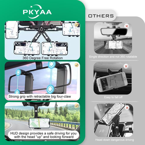 PKYAA Rearview Mirror Phone Holder for Car, 360° Rotating Rear View Mount with Adjustable Arm Length, Upgraded Four Corners Fixed Anti-Shake Multi...