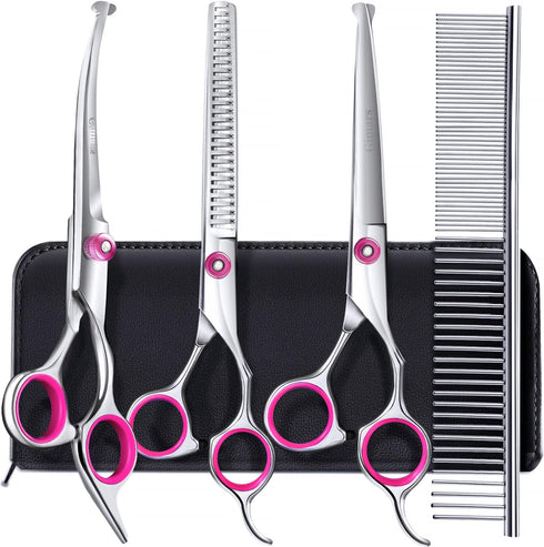 Gimars Dog Grooming Scissors Kit Professional 4CR with Safety Round Tip, 5 in 1 Heavy Duty Titanium Coated Thinning & Curved & Straight Shears...