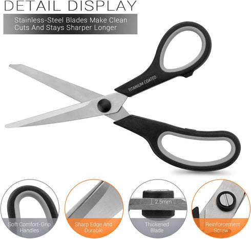 Scissors 8" Multipurpose Scissors Titanium Coated Sturdy Sharp Scissors Right/Left Handed Comfort-Grip Handles for Office Home School Sewing Fabri...