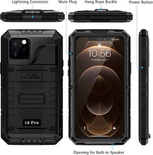 seacosmo for iPhone 12 Pro Case, IP68 Waterproof Shockproof Dustproof Case with Built-in Screen Protector Full Body Protective Heavy Duty Metal Co...