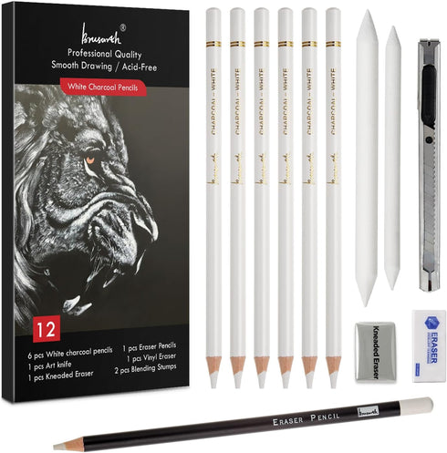 White Charcoal Pencils Set - 12 Piece Sketch Highlight White Pencils Set for Drawing, Sketching, Shading, Blending, Artist Pencils for Artists, Pr...