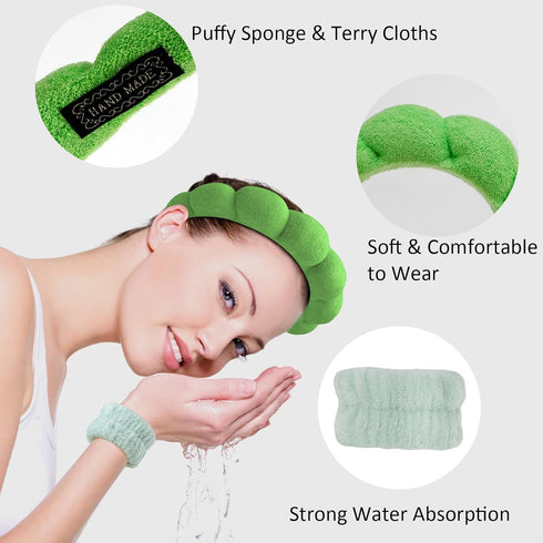 Skincare Spa Headband, Skincare Sponge Headbands for Washing Face, Puffy Make up Headbands with Fluffy Wristbands Set for Women Girls, Soft Terry ...