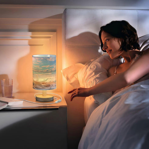 Starfish Summer Beach Bedside Table Lamp for Bedroom Nightstand, Small Eye Care LED Desk Reading Lamp USB Port Wood Base Round Flaxen Fabric Shade...
