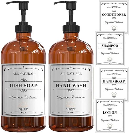 16 OZ Thick Amber Glass Soap Dispenser with Plastic Pump 2 Pack, Hand and Dish Soap Dispenser Set for Bathroom with 6 Waterproof Labels...