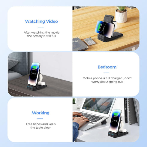 Foldable 3 in 1 Wireless Charging Station for Multiple Devices Apple,Wireless Charger for Travel,Wireless Charging Stand Compatible with iPhone 15...