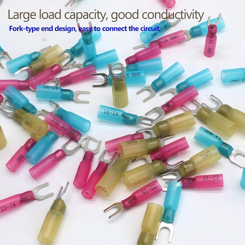 300PCS Heat Shrink Fork Connectors, 22-16 16-14 12-10 AWG Fork Terminals #10 Waterproof and Insulated Electrical Crimp Connectors for Boat Truck S...