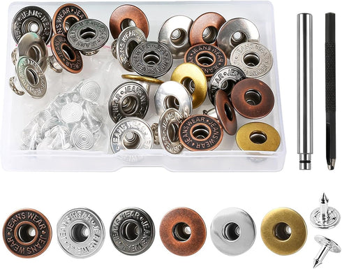 Buttons for Jeans, Jeans Button Replacement with Setting Tool, 30 Sets 6 Styles 17MM Jean Buttons Metal Pants Button Tightener for Denim Jeans, Su...