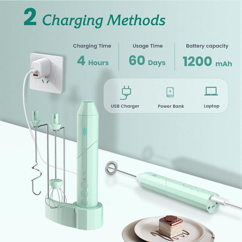 Milk Frother Handheld, USB-C Rechargeable Coffee Frother Wand, Electric drink mixer with Charging Base&3 Heads,3 Speeds Adjustable, Electric Whisk...