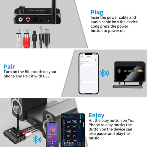 Bluetooth 5.3 Receiver, RCA Bluetooth Adapter, Low Latency & HD Music Audio, Support Optical AUX 3.5mm, RCA Bluetooth Receiver Adapter for Home St...
