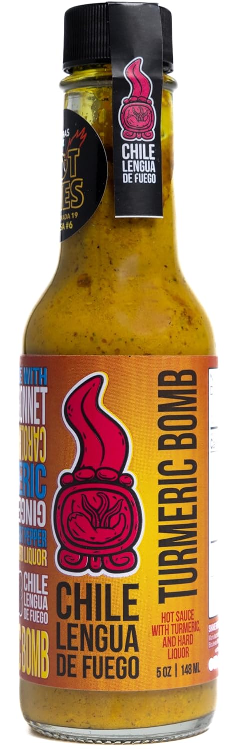 TURMERIC BOMB Exotics Hot Sauce - Turmeric and Ginger Infused, with Olive Oil and Spirits ‘El Sabrosón’, 3.5/6 Heat Level, 5 oz...