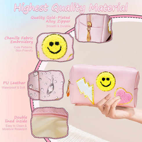 WECOOL Preppy Makeup Bag, Waterproof PU Leather Smiley Face Patch Makeup Bag Preppy, Travel Makeup Bag with Plenty of Space, Portable Cute Toiletr...
