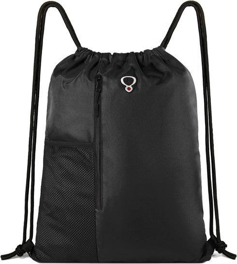 BeeGreen Black Drawstring Backpack Gym Bag For Men Women String Sports Backpack With Water Bottle Mesh Pockets And 2 Zippered Pocket Large Cinch S...