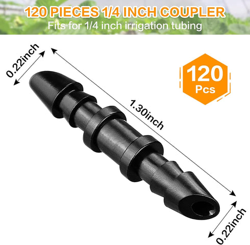 Drip Irrigation Coupling Fittings?120 Pieces Barbed Coupler Irrigation Parts with Sharp End Fits for 1/4 Inch Irrigation Tubing Drip Line Connecto...