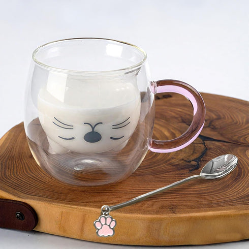 Purple Cat Mug Cute Mugs Glass Double Wall Insulated Glass Espresso Cup, Kawaii Cup, Coffee Cup, Tea Cup, Milk Cup, Best gift for Office and Perso...