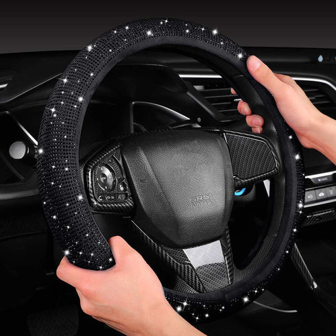 Women Fashion Black Velvet Bling Steering Wheel Cover with Black Diamonds, 15 inch Standard Glitter Rhinestone Car Wheel Cover Sparkling, Full Cov...