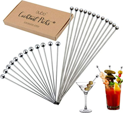 Cocktail Picks Martini Stirrers Toothpicks – (24 Pack / 4 & 8 Inch) Reusable Cocktail Picks - Stainless Steel Metal Drink Skewers Sticks for Marti...