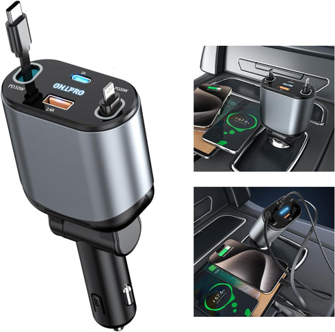 OHLPRO Retractable Car Charger 4 in1, 80W Fast Charge Car Charger Adapter with Retractable Cable Type-C & Lightning and 2 Charge Port USB C/USB A ...