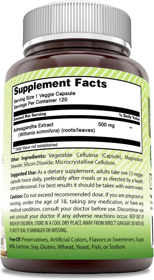 Amazing India Ashwagandha 500 mg Veggie Capsules Supplement | Made with Natural Ashwagandha | Non-GMO | Gluten Free (120 Count)...