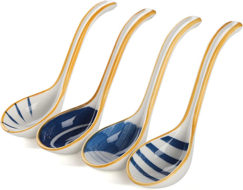 Soup Spoon Set of 4 Japanese and Korean Curved Handle Ceramic Ramen Soup Spoon for Pho Miso Salad Dessert Thai (Style 2)...