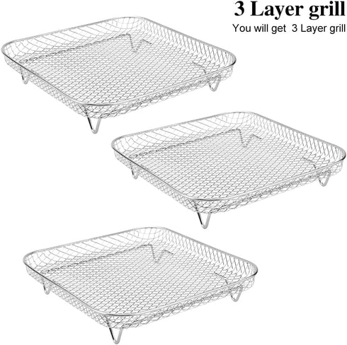 8" Air Fryer Rack for Air Fryer, Stainless Steel Three-Layer Air Flow Rack with Rus-tproof Oil Brush Food Clip,Air Fryer Accessories Fit all 5.8QT...