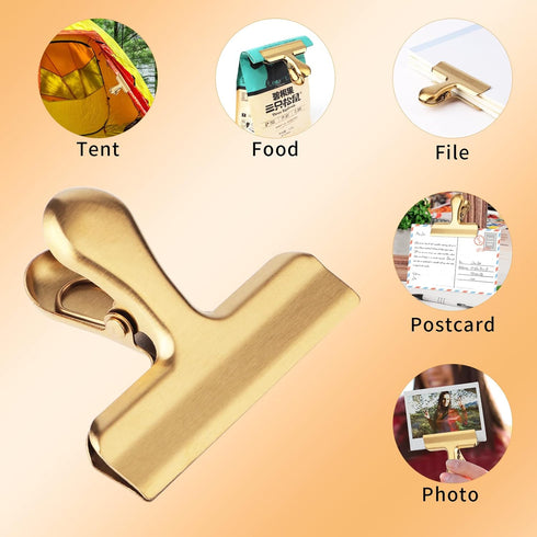 6pc-3 Inch Wide Stainless Steel Paper Clamps Heavy Duty Food Bag Clamp,Seal Clip, Chip Clips Metal Hinge Clip File Clamps for Kitchen&Office (Gold...