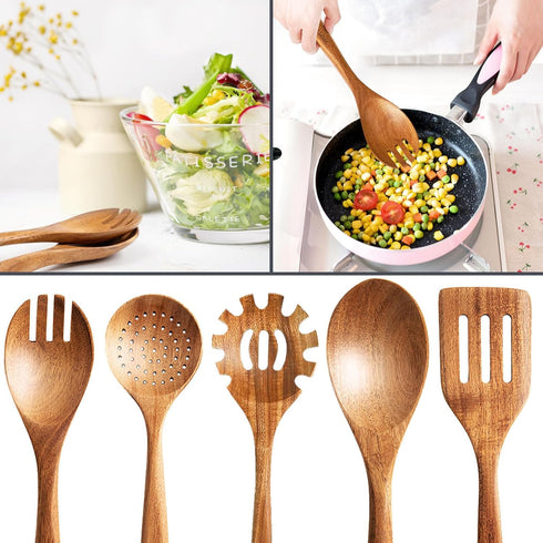 Wooden Spoons for Cooking - 5-Piece Wooden Kitchen Utensil Set made of Natural Solid Wood Material - Includes Salad Spoons, Strainer Spoon, Salad ...