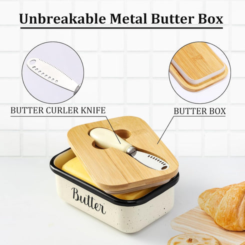 Butter Dish with Lid and Butter Curler Knife for Countertop - Unbreakable Metal Keeper Container with High-quality Double Silicone Sealing, for Ki...