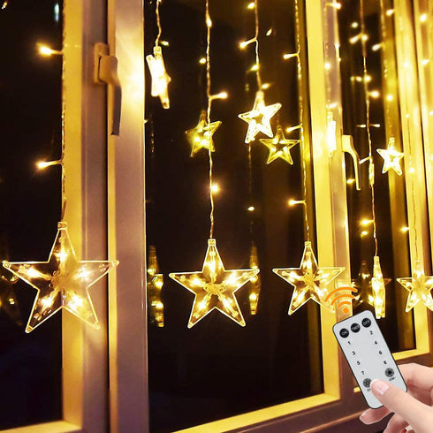 TOFU Star Curtain Lights, 108 Led 12 Stars Remote Window Curtain String Lights Plug in with 8 Flashing Modes Decoration for Christmas, Wedding, Be...