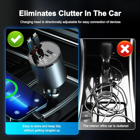 Car Charger 100W Super Fast Charging, 4-in-1 Retractable Car Charger, 180° Adjustable USB Car Charger, Car Charger Adapter with Voltage Display fo...