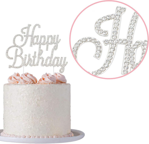 Happy Birthday Cake Topper - Premium Silver Metal - Happy Birthday Party Sparkly Rhinestone Decoration Makes a Great Centerpiece - Now Protected i...
