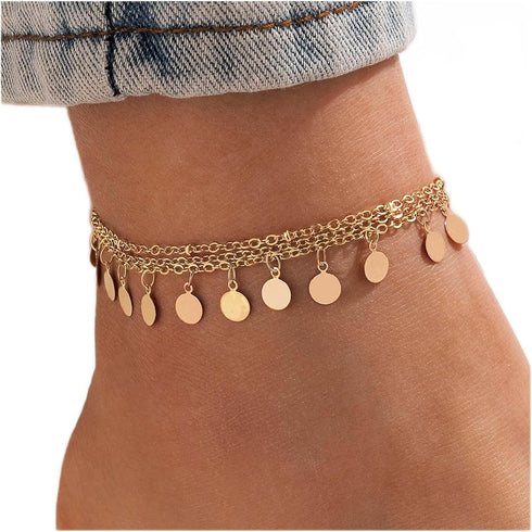 Boho Layered Disc Ankle Gold Sequins Ankle Bracelet Multilayer Tassel Ankle Chain Summer Beach Barefoot Sandals Chain Foot Jewelry for Women...