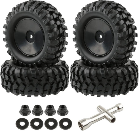 4pcs RC Trailer Tires, 12mm Hex Hard Dish Wheel Rim and Tires with Lock Nuts Washers Wrench for 1/10 Rock Crawler Truck Off Road Racing Car Axial ...