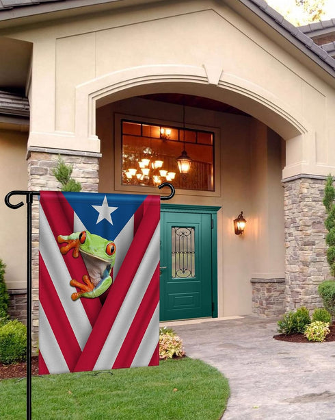 Garden Flags for Outside, Spring Summer Garden Flag for Garden & Porch Decor, Puerto Rico Flag and Frog Yard Flags for Outside 12x18 Inch Double S...