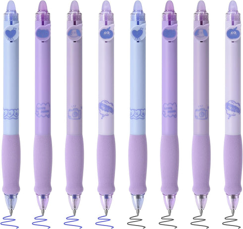 BAYTORY 8Pcs Cute Retractable Erasable Gel Pens, Blue and Black Ink Pen with Eraser Clear, Smooth Writing Comfortable to Use for Note Taking Marki...
